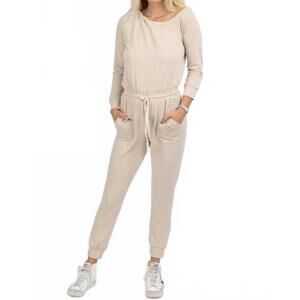 NEW FATE BY LFD butter soft off shoulder drawstring jumpsuit in taupe